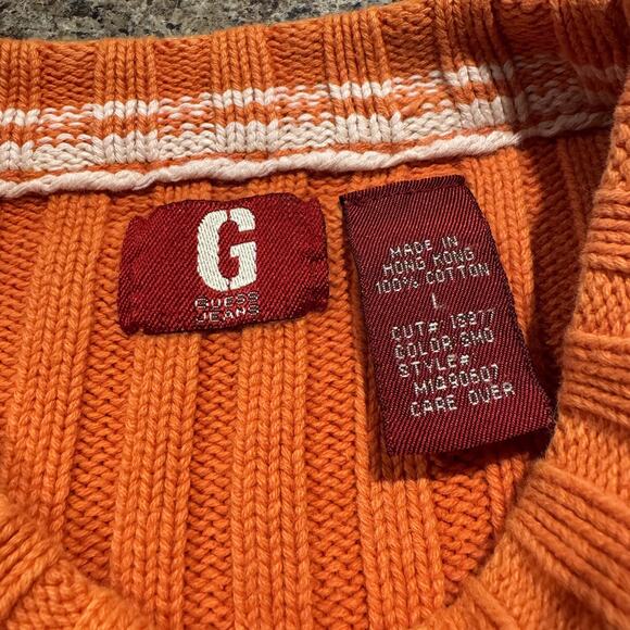 Vintage Guess Sweater Cable Knit Ribbed Chunky Crewneck Preppy Fall Orange Large - Picture 3 of 8